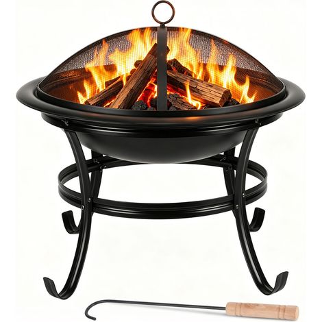 Jiubiaz Braciere da giardino Ø 55 cm in ferro nero con parascintille, griglia barbecue e attizzatoio, per terrazza e campeggio (1/5)