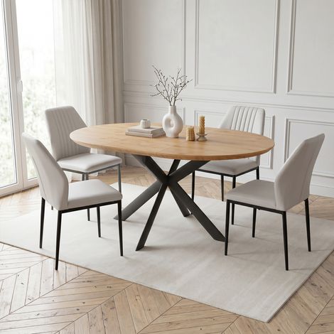 Ensemble de table à manger ronde extensible, plateau rond en MDF finition chêne (110-150 cm), style moderne et contemporain pour la salle à manger et la cuisine (4 chaises, PU, Blanc)