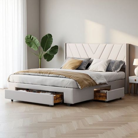 Cama 160x200 cm - 231205TT - Diseño minimalista moderno - Tejido de lino - cama doble - marco de cama para adultos 160x200 cm - beige