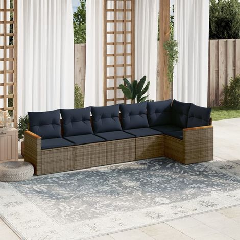 Salon de jardin 6 pièces en rotin PE tressé gris avec coussins bleu marine - PANGIVO (1/5)