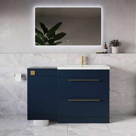 Napoli 390 Deep Blue 1300mm 2 Drawer Vanity Unit Toilet Suite with Glide Basin - 1300mm - Brushed Brass 480mm HandleWithout Kingston Toilet Pan