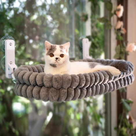 1 - Lit Fenêtre Chat - Hamac Pliable - Housse Réversible Amovible - Cadre Acier Stable Ventouses - Pour Repos Observation - Gris - 60x40cm (1/5)