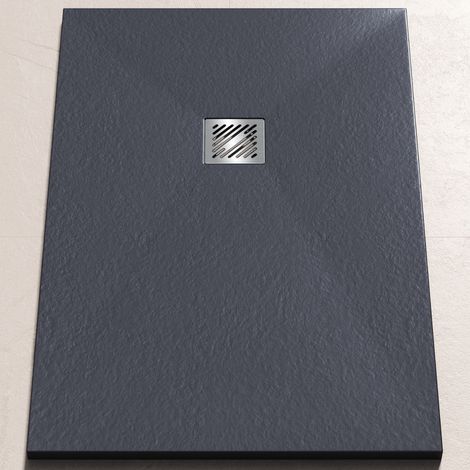 doporro Duschwanne Duschtasse 80x120x3cm aus Mineralguss in Anthrazit Rechteckig DIN-Anschlüsse für bodenebene Montage geeignet Geoma 09