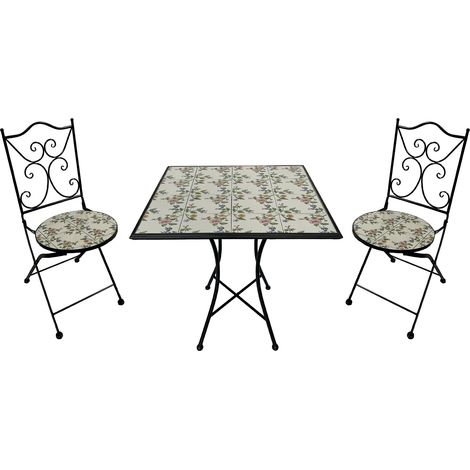 Ensemble table et chaises de jardin 3 pièces – 2 chaises pliantes – Plateau en mosaïque rose – Cadre en métal durable pour extérieur – AXI