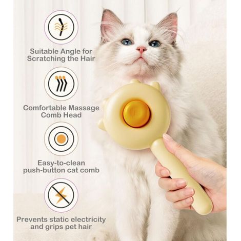 Brosse pour animaux de compagnie, brosse pour chiens et chats, brosse pour chats à poils longs et courts, brosse autonettoyante pour animaux de compagnie (jaune) (1/5)