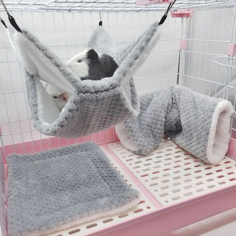 Lot de 3 Hamac pour Petit Animal Furet Lit pour Furet Hamster Hamac et Tunnel pour Rat Hamster écureuil Coussinets pour Petit Animal Tunnel à Suspendre pour Cage pour Cochons d'Inde (Gris)