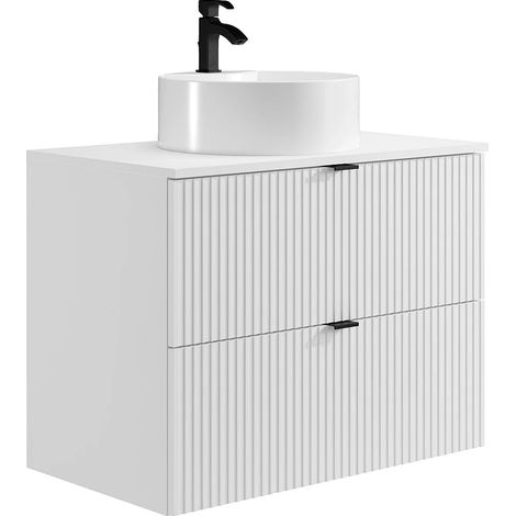 Mobile per bagno sospeso con scanalature e lavabo tondo da appoggio 80 cm Bianco opaco - ZEVINI (1/5)