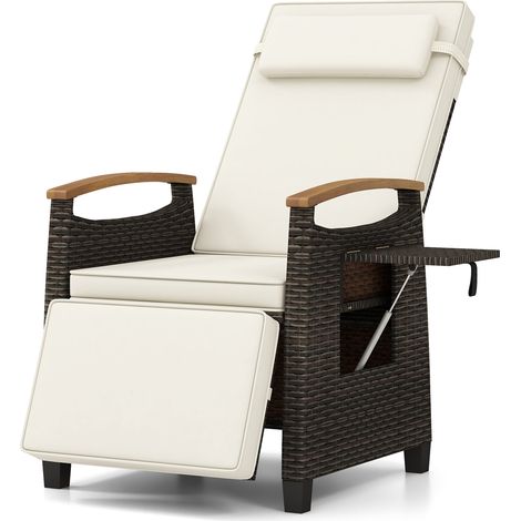 COSTWAY Patio Wicker Recliner Chair Rattan Lounger Adjustable Backrest White