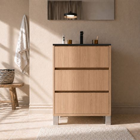 pack meuble salle de bains 70cm chêne clair 3 tiroirs avec vasque céramique noire - xenos (1/5)