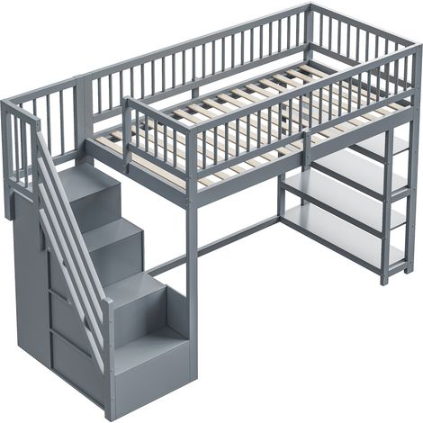 Cama alta infantil 90x200 cm con almacenaje, estantes y escalera de seguridad de madera gris HOMVRA (1/5)