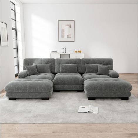 Canapé d'angle modulaire gris en chenille avec ottomans amovibles et assise profonde (1/5)