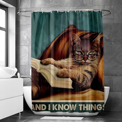 Rideau de douche motif chat et chien aquarelle rétro stylisés, polyester imperméable, 180x180 cm (1/5)