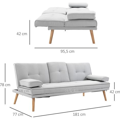 Canapé-lit confortable 3 places, canapé convertible en lin gris clair, dimensions 181x77x72cm, sofa d'appoint pour salon (1/5)