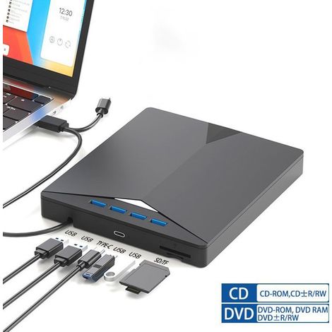 Lecteur et Graveur DVD/CD-ROM Externe - Noir, avec Lecteur de Carte SD/TF et de USB - pour Windows 7/8/10/Vista/XP/Mac OS (1/5)