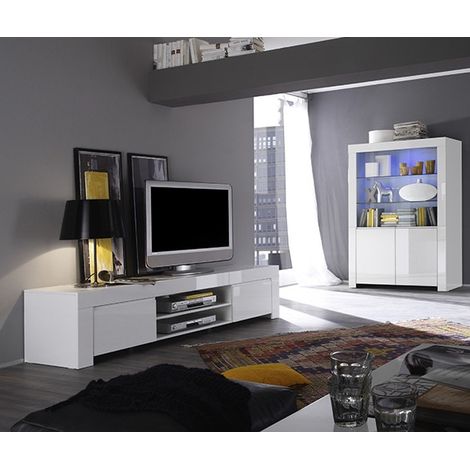 Mueble TV 2 nichos y 2 puertas LAZARRO blanco lacado 140 cm