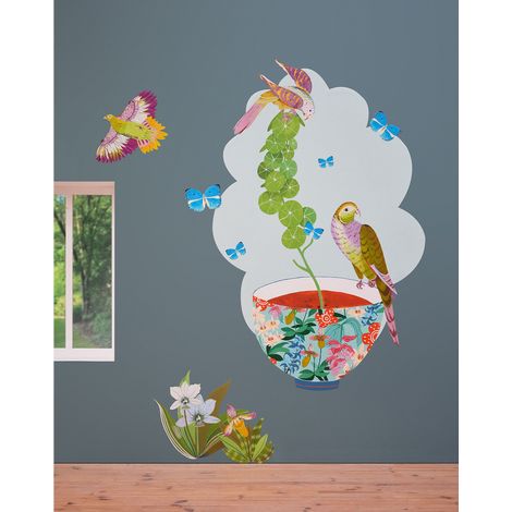 Décor papier peint préencollé Cenaryo, Bol aux oiseaux, par Jiliane Chaminade, version ciel (1/4)