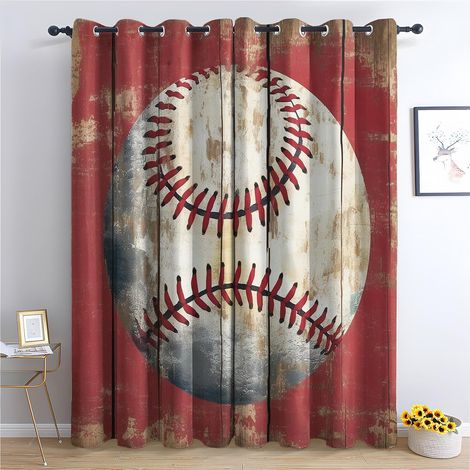 Rideau Baseball - Rideau Occultant Thermiques Garçon Ballon Sport Rustique Jeux, Lot de 2 Rideaux à Oeillets pour Decoration Chambre Salon, Draperies Intérieurs Fenetre, 140x160 cm (LxH) - 2x L 140 X (1/5)