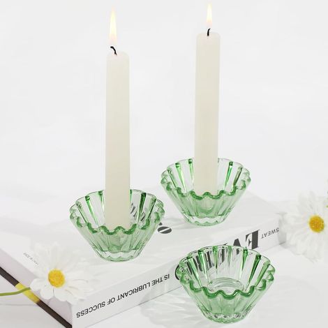 3er Set Kerzenhalter Glas Grün für Stabkerzen, Tischdeko Hochzeit Party (1/5)