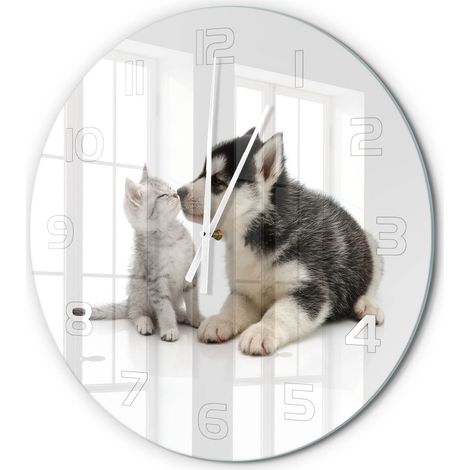 Horloge Murale Ronde en Verre Trempé Silencieuse Design Moderne Salon Cuisine Chien et chat fi 60 cm (1/5)