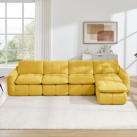Canapé d'angle L modulable sans cadre 4 places en chenille matelassée avec pouf, assise profonde, jaune (1/5)