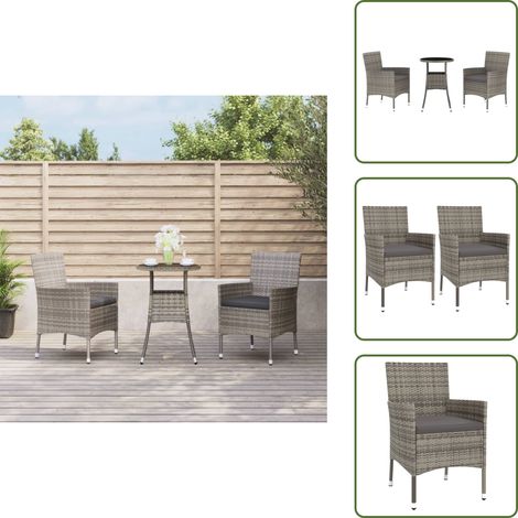 3-tlg. Garten-Bistro-Set mit Kissen Grau Poly Rattan - Gartensitzgruppe - Outdoor Möbel - Bistrotisch - Gartenmöbel Set - Polyrattan