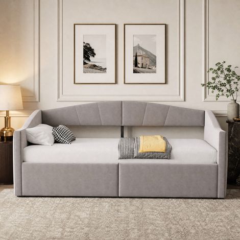 Cama diván tapizada 90x200 cm con almacenaje hidráulico, somier de láminas, gris claro (1/5)