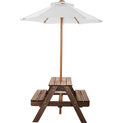 Mophorn Tavolo da picnic con ombrellone 890 x 800 x 510 mm, set in legno per esterni con due vassoi, ideale per 4 persone. Perfetto per giardini, cortili e verande, finitura color noce. (1/5)