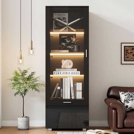 Gutent – Vitrine noire brillante avec portes en verre – Éclairage LED 20 couleurs – 3 étagères en verre trempé – Conception anti-basculement (1/5)