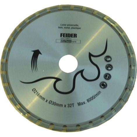 Lame Universelle - Disque de Coupe pour Scie Circulaire, Lame Circulaire Dentelée - Acier - 216x30mm - 9000 Tr/min Maximum - 32 Dents - Coupe Bois, Métal, PVC - Coupe Rapide et Douce (1/3)