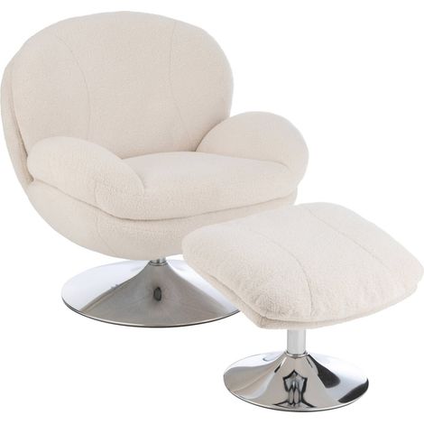 Fauteuil relax crème avec repose pieds métal argent élégant - Crème doux et métal argenté (1/5)