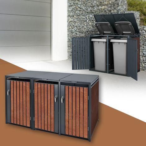 ML-Design Cobertizo Triple para Ocultar Cubo de Basura 3x 240L Antracita y Marrón Óxido Rojizo 200x80x116,3 cm Caseta de Acero para Jardín Exterior Contenedor Resistente con Tapa Abatible y Cerradura (1/5)