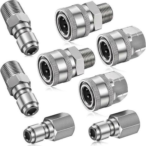 Ensemble de 8 raccords rapides NPT 3/8 pouces en acier inoxydable, comprenant des connecteurs mâles et femelles, un adaptateur pour nettoyeur haute pression (filetages internes et externes). (1/5)