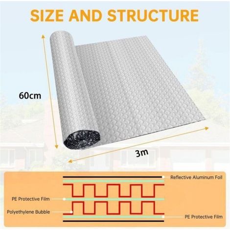 Film Isolant Thermique - Aluminium Double Face Avec Bulles - Pour Toit Mur Sol Fenêtre Tube Voiture - 3 m x 60 cm (1/5)