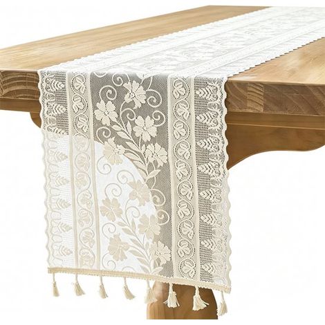 Camino de mesa de encaje, Camino de mesa de 30x260 cm, Mantel beige con borlas, Camino de mesa vintage, para sala de estar (1/5)