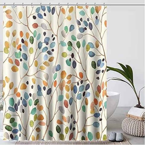 Rideau de Douche 180x200 cm Antimoisissure - Motif Floral et Végétal Beige, Tissu Lavable en Machine avec 12 Crochets Inclus, Décoration Élégante pour Salle de Bain (1/4)
