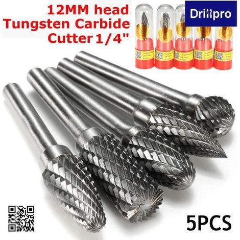 5Pcs 12mm Tête Fraise Foret Lime Perceuse Tungstène Carbure Rotatif Ebavurage (1/4)