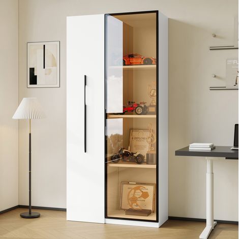 Vitrina multifunción MDF blanco 70 x 40 x 160 cm, librería lateral extraíble, 1 puerta de vidrio templado con LED (1/5)