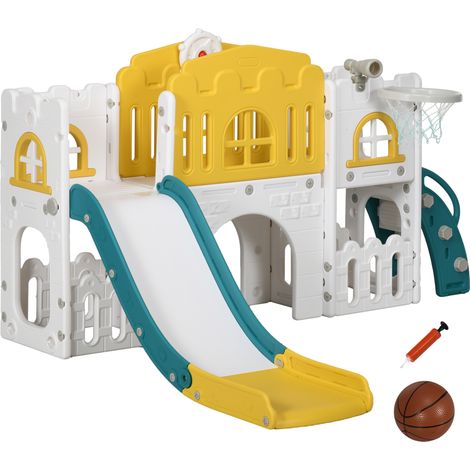 Toboggan pour enfants avec panier de basket et volant pliable 178 x 177 x 99 cm vert pour salon enfants, structure volant, ans, jaune/blanc/vert (1/5)