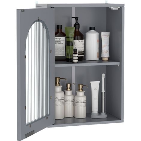 COSTWAY Bathroom Wall Cabinet Medicine Cabinet with Tempered Glass Door-Grey (1/5)