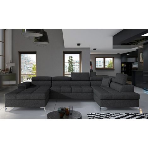 Canapé panoramique convertible KUTTY tissu - Rangement et appuie-têtes réglables angle droit-Gris foncé chiné-angle droit (1/5)