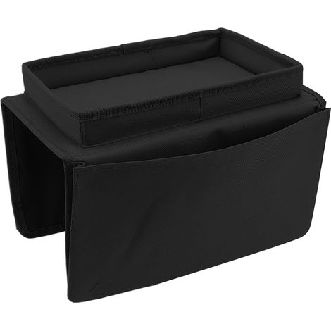 Tablette de canapé pliante noire avec rangement latéral, support pour bras, poche en tissu Oxford 600D, porte-bijoux pour canapé.
