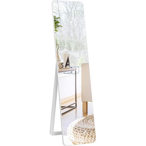 Costway – Miroir sur pied 160 x 37cm – Verre HD antidéflagrant – Cadre en bois massif – Utilisation debout ou murale – Design minimaliste blanc (1/5)