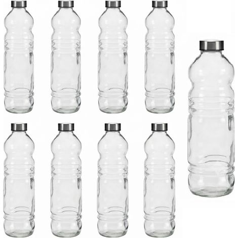 9 Bottiglie in Vetro Trasparente da 1,1 Litri con Tappo a Vite in Metallo Bottiglia da Tavola Ergonomica per Acqua e Bibite Misure 8x8xH31 cm, Uso Domestico e Ristorazione Horeca PROFESSIONALE (1/5)