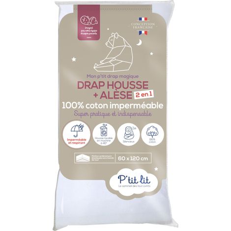 P'tit lit - Protège Matelas Bébé 2 en 1 Alèse + Drap Housse 60x120 cm Imperméable - 100% Coton - Souple et Silencieux - Respirant - Oeko Tex® - Blanc (1/5)