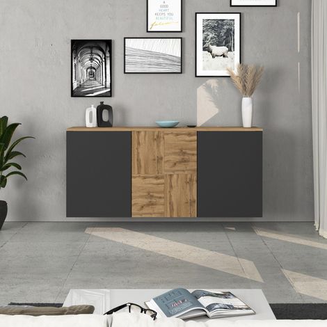WHOUS Credenza sospesa Iseo con 3 ante e 6 scomparti interni antracite opaco e rovere 150x35x70 cm (1/5)