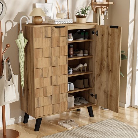 Mobile per scarpe 80x110 cm in legno, per 15 paia, con 2 porte, 5 ripiani, venatura del legno, piedi in metallo, stile rustico - Colore quercia