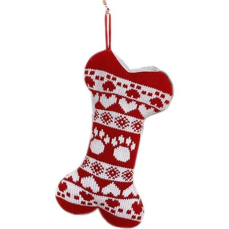 Chaussette de Noël pour chien, décoration de Noël rouge tricotée à suspendre à la cheminée pour animaux de compagnie, jolie forme d'os avec un tricot doux et un fil pelucheux, grande taille (1/5)