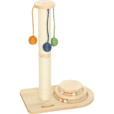 Shaft to cat in wood natural, height 56,5 cm, with 3 balls hanging. (1/5)