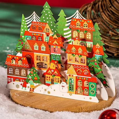 Carte pop-up 3D Village de Noël avec enveloppe - Feuille d'or découpée au laser - Design créatif pour vœux et messages de vacances (1/5)
