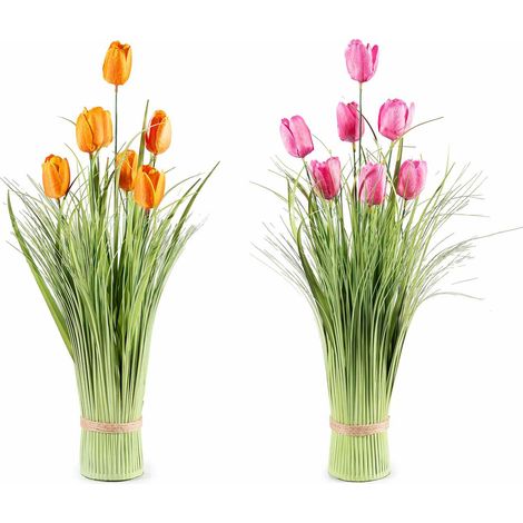 Piante ornamentali artificiali a tulipani colorati arancio e rosa da appoggiare, set da 2 pezzi, Ø 7,5 cm x 51 H